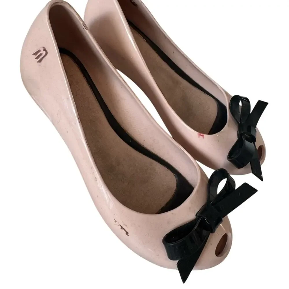 Mel by Melissa Girls Pale Pink with Bow Peep Toe Flats Shoes Sz 2 Coquette